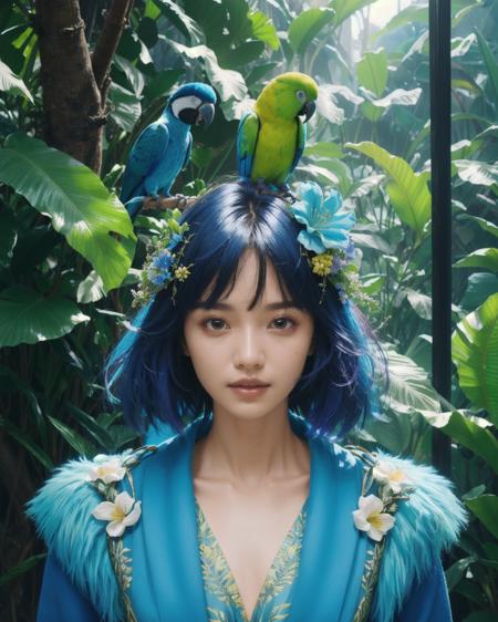 00815-1965277732-_lora_1girlmix_0.65_, fashion photography portrait of blue human avatar, 1girl, in blue lush jungle with flowers and Parrots, sc.png